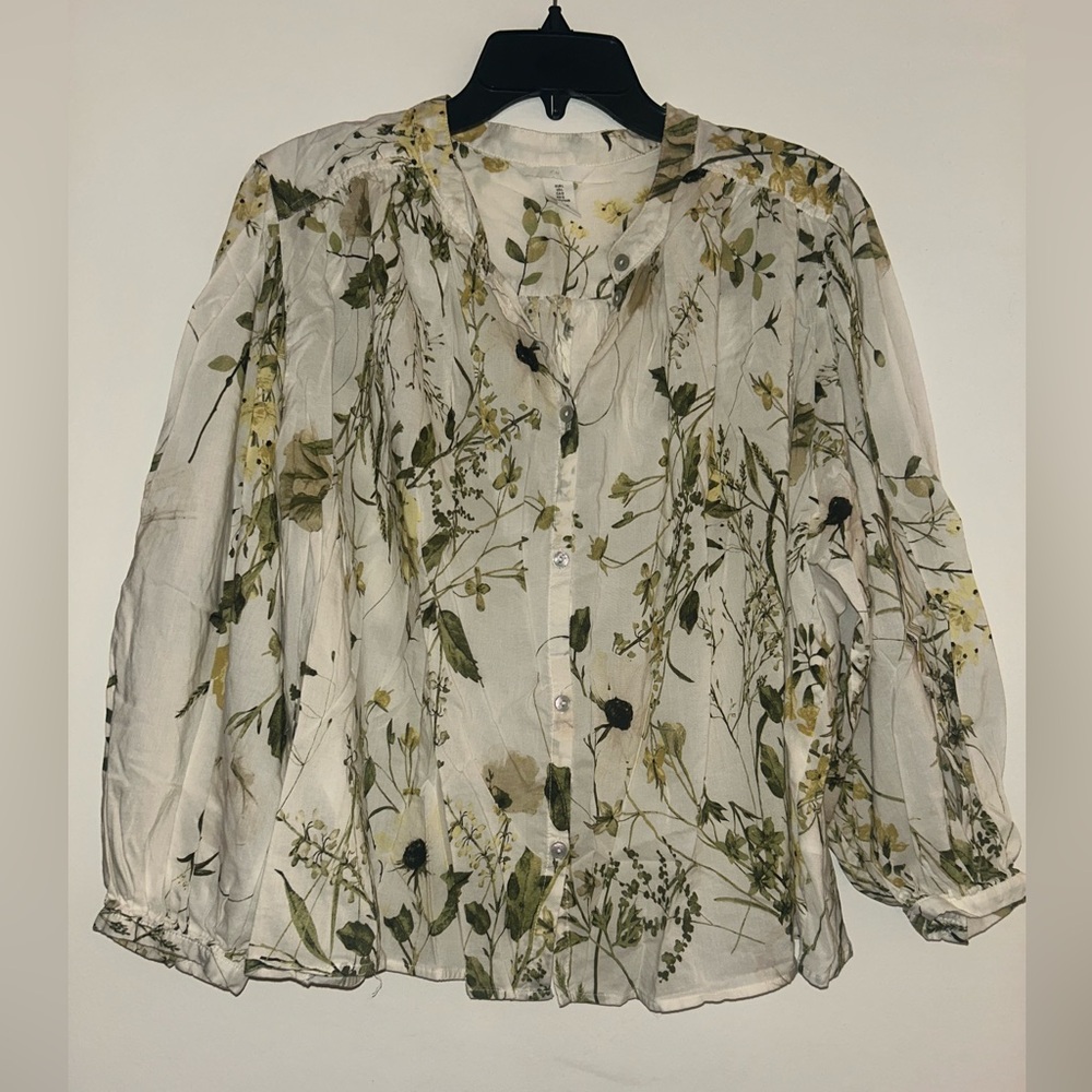 H&M Sheer Floral Blouse - White and Green